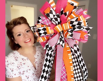 Harlequin wreath bow, pink. orange large, wired ribbon bow, decorative bow.