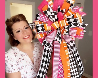 Harlequin wreath bow, pink. orange large, wired ribbon bow, decorative bow.