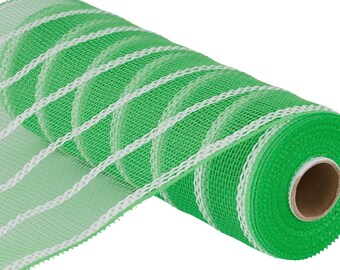 Green deco mesh, 10" x 10yd Vertical Wide Stripe Mesh, Lime green, white.