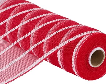 Red deco mesh, 10" x 10yd Vertical Wide Stripe Mesh, red, white.