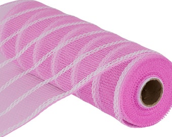 Pink deco mesh, 10" x 10yd Vertical Wide Stripe Mesh, pink, white.