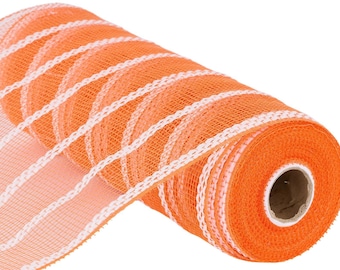 Orange white deco mesh, 10" x 10yd Vertical Wide Stripe Mesh.