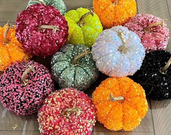 Velvet pumpkins, sequin pumpkins, choose your colors.