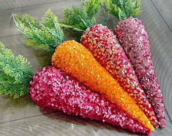 Velvet carrots, set of 4 sequin large Easter decor, rose pink, Iridescent hot pink, orange.