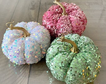 Velvet pumpkins, set of 3 sage green, white, rose pink velvet sequin fabric pumpkins.