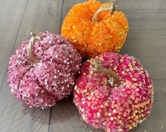 Velvet pumpkins, set of 3 orange, hot pink, rose pink velvet sequin fabric pumpkins.