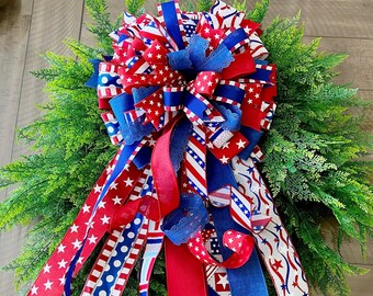 Patriotic wreath bow, front door decor, wired ribbon bow.