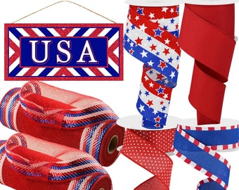 Patriotic Wreath kit, wired ribbon, deco mesh, wreath sign.