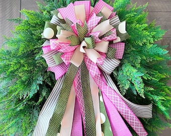 Pink moss green wreath bow, wired ribbon bow, decorative bow.