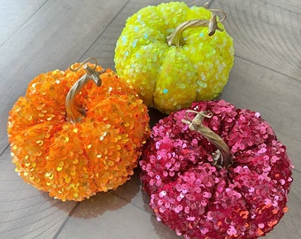 Velvet pumpkins, set of 3 orange, fuchsia and yellow velvet sequin fabric pumpkins.