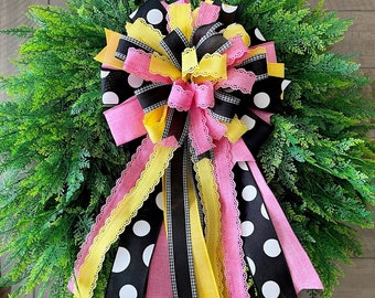 Pink yellow wreath bow, black white polka dots wired ribbon bow, decorative bow.