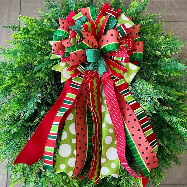 Watermelon wreath bow, wired ribbon bow, decorative summer bow.