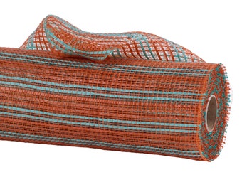 Dark orange teal deco mesh, 10" x 10yd Horizontal Wide Stripe Mesh.