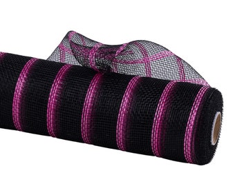 Hot pink black deco mesh, 10" x 10yd Vertical Wide Stripe Mesh.