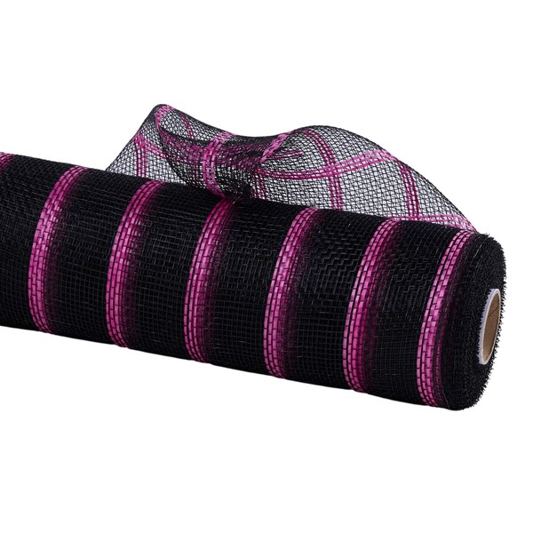 Hot pink black deco mesh, 10" x 10yd Vertical Wide Stripe Mesh.