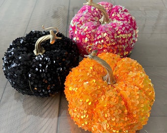 Velvet pumpkins, set of 3 hot pink, orange, black velvet sequin fabric pumpkins.