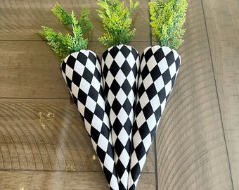 Fabric carrots, set of 3 large cotton fabric carrots. Black and white harlequin.