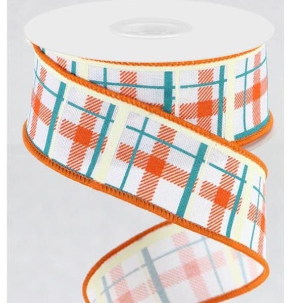 Wired orange and turquoise plaid ribbon, 1.5"X10yd.