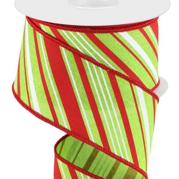 Wired stripe ribbon, 2.5"X10yd on canvas, Lime/Red/White RGC158533