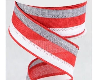 Wired ribbon, 1.5"X10yd canvas, 3 color wreath making ribbon, Grey/Red/White RG01601YK