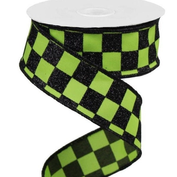 Wired Check ribbon - 1.5''X10yd. Glitter Check Lime Green/Black RGB122933