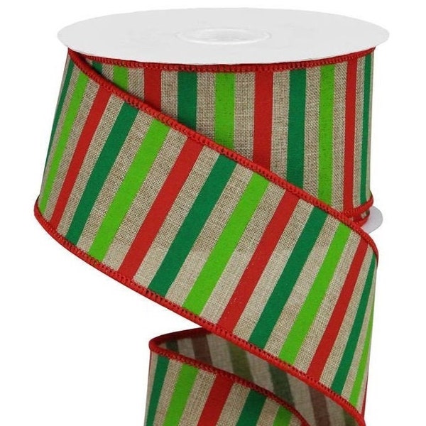wired red green ribbon, 2.5"X10yd Stripe On Canvas Beige/Red/Emerald/Lime RGA1205XY