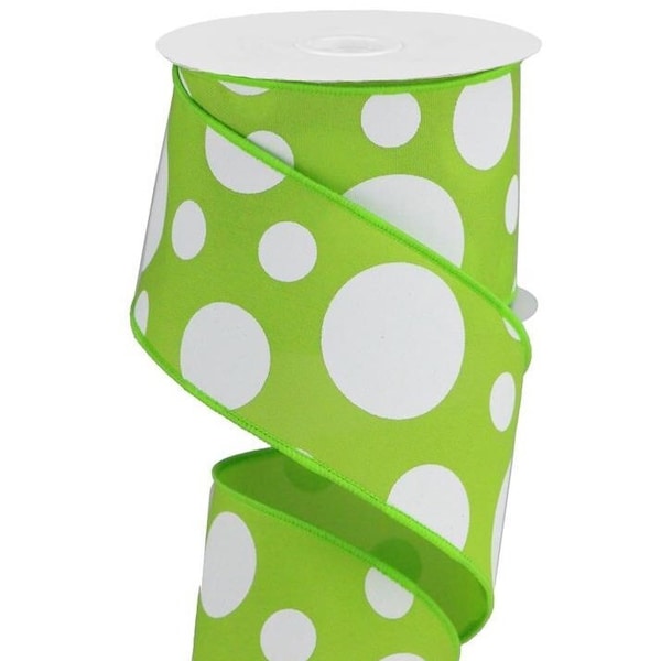 Wired lime green polka dots ribbon, 2.5"X10yd on PG fabric, Lime Green/White RGA193533