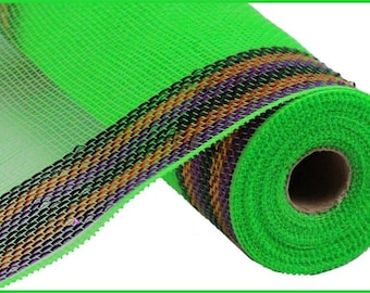 Green Deco Mesh 10" x 10yd Border Stripe Metallic Poly Mesh. Lime/Purple/Orange/Black