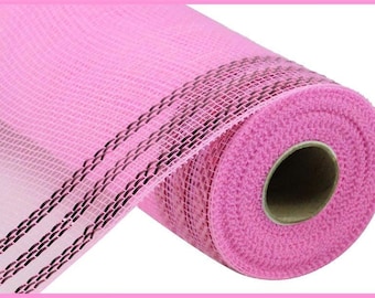 Pink Deco Mesh 10" x 10yd Border Stripe Metallic Poly Mesh.