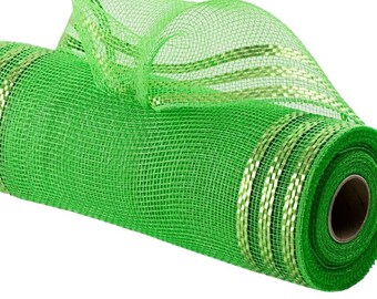 Green Deco Mesh 10" x 10yd Border Stripe Metallic Poly Mesh, lime green.