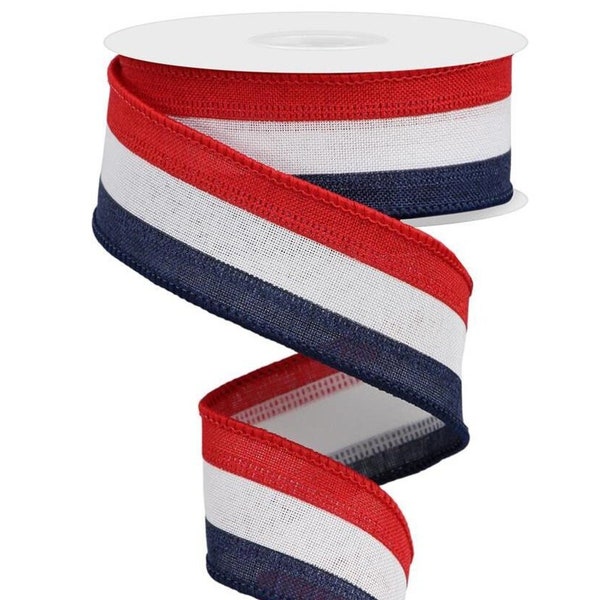 Wired patriotic ribbon, By the Roll 1.5" x 10yd Red, White, Navy Blue.