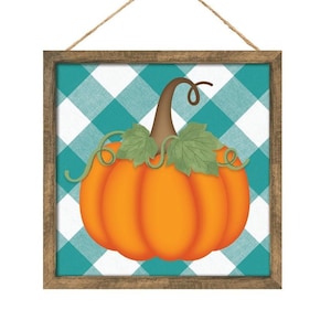 Cartel de corona de calabaza Cartel de otoño cuadrado de MDF de 10" Calabaza/Cuadros, Verde azulado/Blanco/Naranja/Marrón AP714790