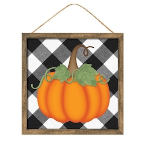 Pumpkin wreath sign 10&quot; Square MDF Pumpkin/Check fall sign, Black/White/Orange/Brown AP714789