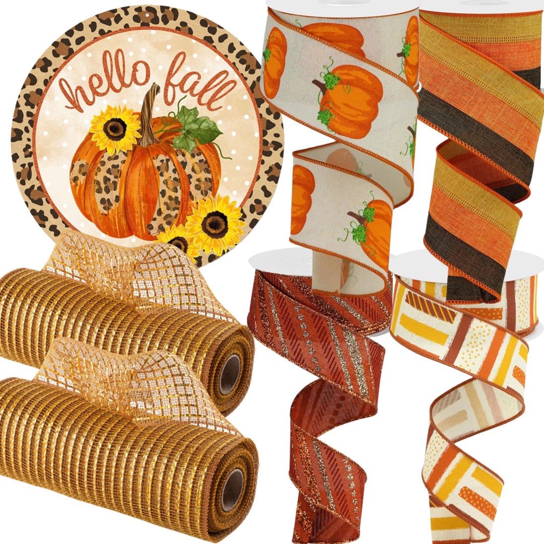 Fall Wreath Kit, Autumn Wreath Making, Pumpkin Wired Ribbon, Deco Mesh