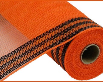 Orange Deco Mesh 10" x 10yd Border Stripe Metallic Poly Mesh. Orange/Black.