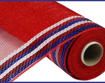 Red Deco Mesh 10" x 10yd Border Stripe Metallic Poly Mesh. Red/White/Blue.