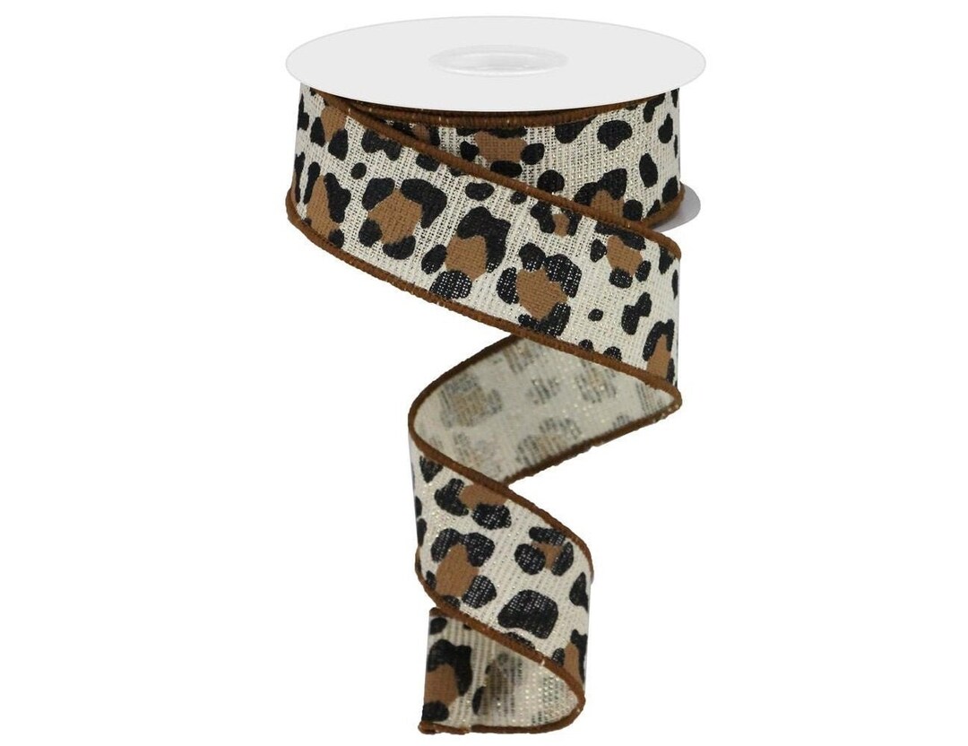 Wired leopard print ribbon, 1.5X10yd animal print on cotton Ivory/Gold ...