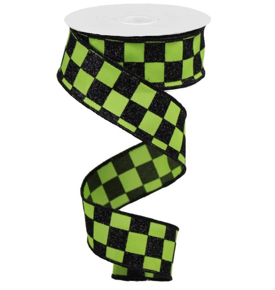 Wired Check Ribbon 1.5''x10yd. Glitter Check Lime - Etsy