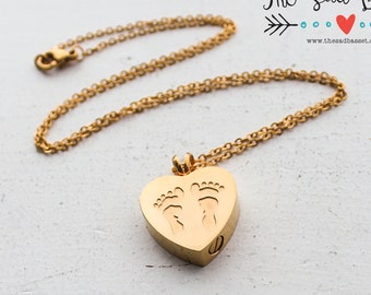 Personalized Cremation Urn Pendant | Hand Stamped Cremation Jewelry | Ash Urn Necklace | Memorial Jewelry | Gold Memorial Baby Feet Pendant