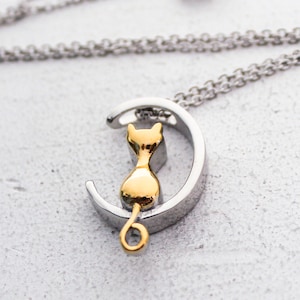 Cat Urn Necklace | Gold Cat Cremation Jewelry | Cremation Urn Jewelry | Pet Memorial Necklace | Cremains | Kitty Cat on Moon