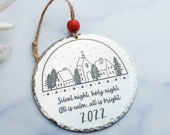 Silent Night Ornament, Snowy Village Ornament, Christmas Decoration, Church Ornament, Pewter Keepsake, Holiday Decor, Holiday Ornament