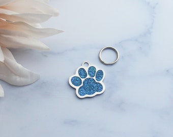 Dog ID Tag + Sparkly Paw Print ID Tag + Pet Name Collar Tag + Paw Pet ID Tag + Dog Tag + Custom Collar Tag + Steel Paw + Glitter Tag