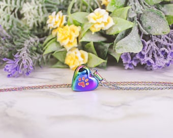 Rainbow Paw Print Heart Urn Necklace, Discreet Urn Jewelry, Pet Urn Necklace, Cremains Jewelry, Necklace For Ashes, Pet Memorial Jewelry