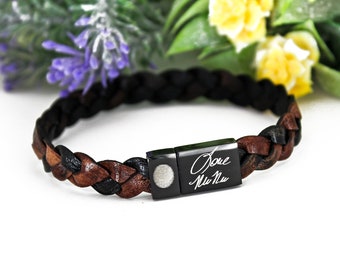 Personalized Leather Bracelet, Handwriting Jewelry, Memorial, Groomsmen Gift, Fingerprint Cuff, Braided Leather, Custom Bracelet, Wedding