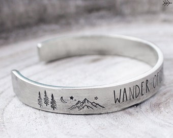 Wander Often, Wonder Always Pewter Cuff Bracelet | Inspirational Jewelry | Nature Cuff | Wonderlust | Mountain Bracelet | Graduation Gift