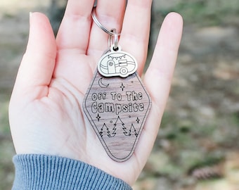 Camping Keychain | Off To The Campsite | Camper Keychain | Camping Gift | Wood Keychain | RV Keychain | Engraved Camp Key Ring | Keyfob