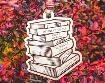 SJM Book Stack Christmas Ornament, Holiday Ornament, Bookish Gifts, SJM Ornament, ACOTAR, Crescent City, Throne of Glass, Wood Book Ornament