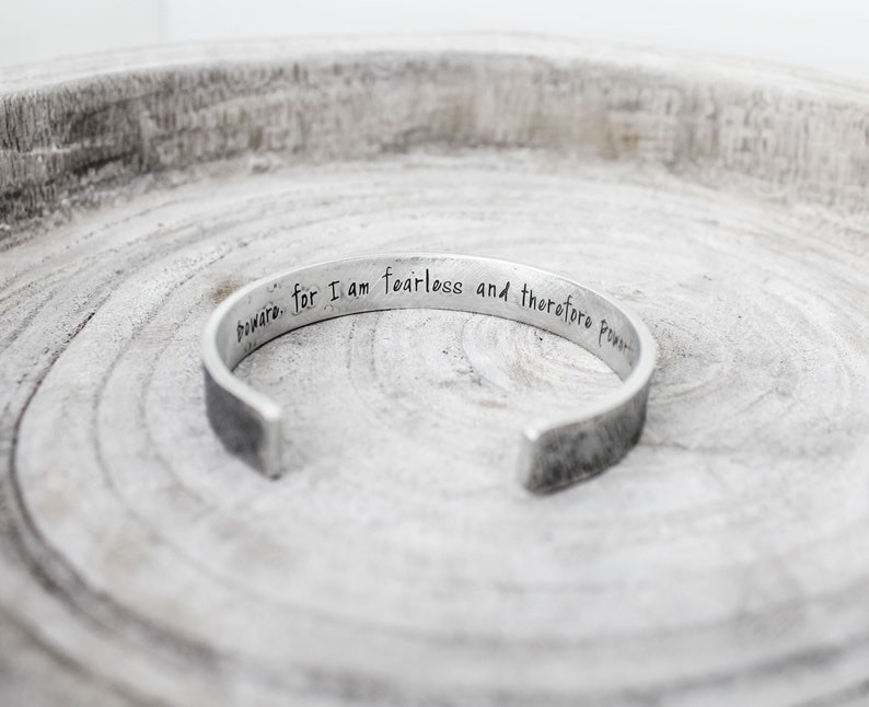 For I Am Fearless Secret Message Cuff Mary Shelley Frankenstein Quote Bracelet Literature Jewelry Empowerment Jewelry Inspiration image 2