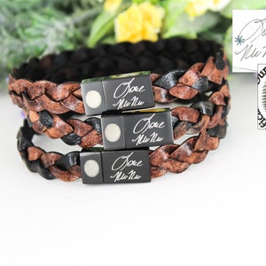 Personalisiertes Lederarmband, Handschrift Schmuck, Erinnerung, Trauzeugen Geschenk, Fingerabdruck Manschette, geflochtenes Leder, individuelles Armband, Hochzeit Bild 2