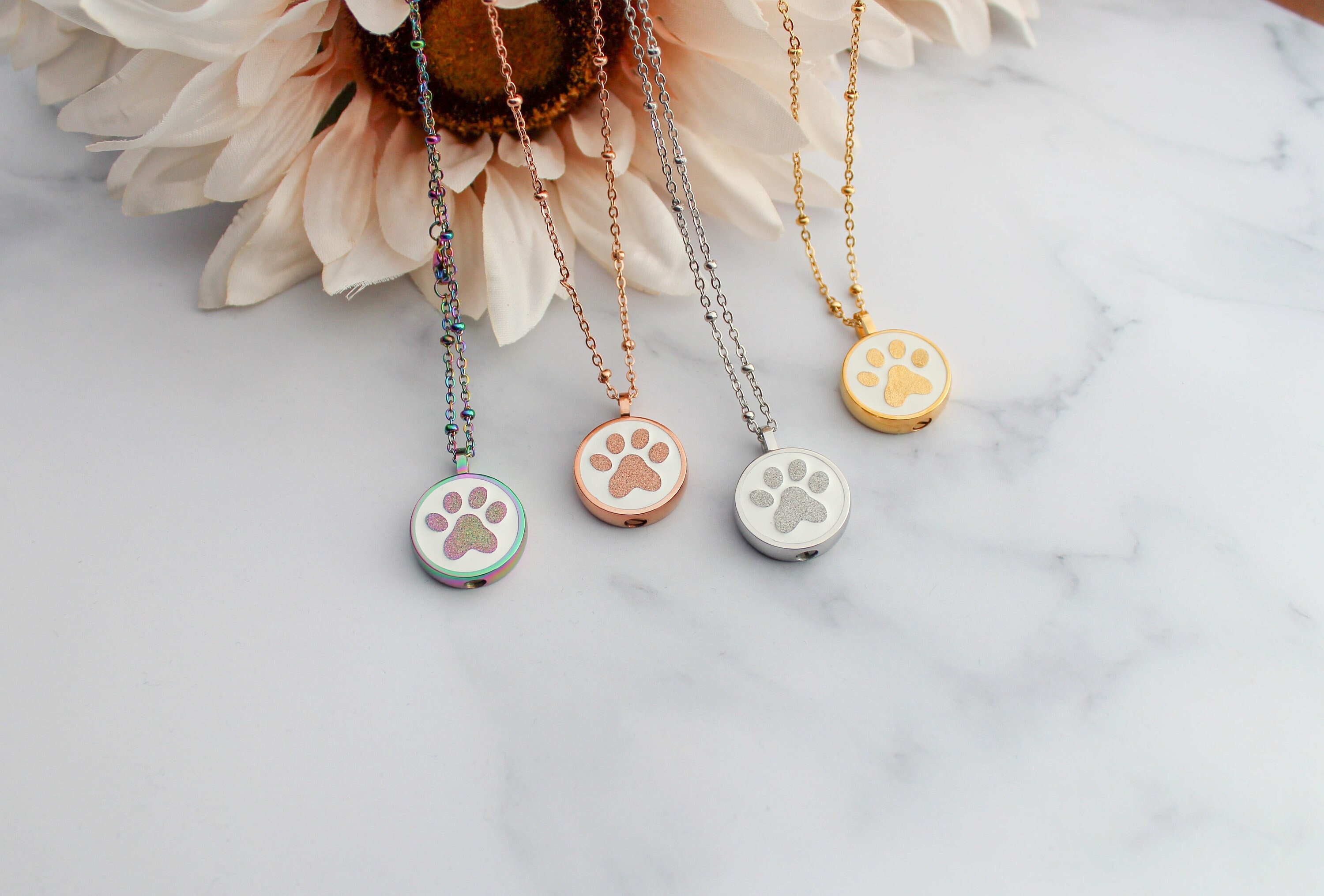Personalized Sparkly Paw Print Urn Necklace, Urn Jewelry, Pet Memorial Urn Cremains Jewelry, Necklace For Ashes, Photo Engraved Necklace